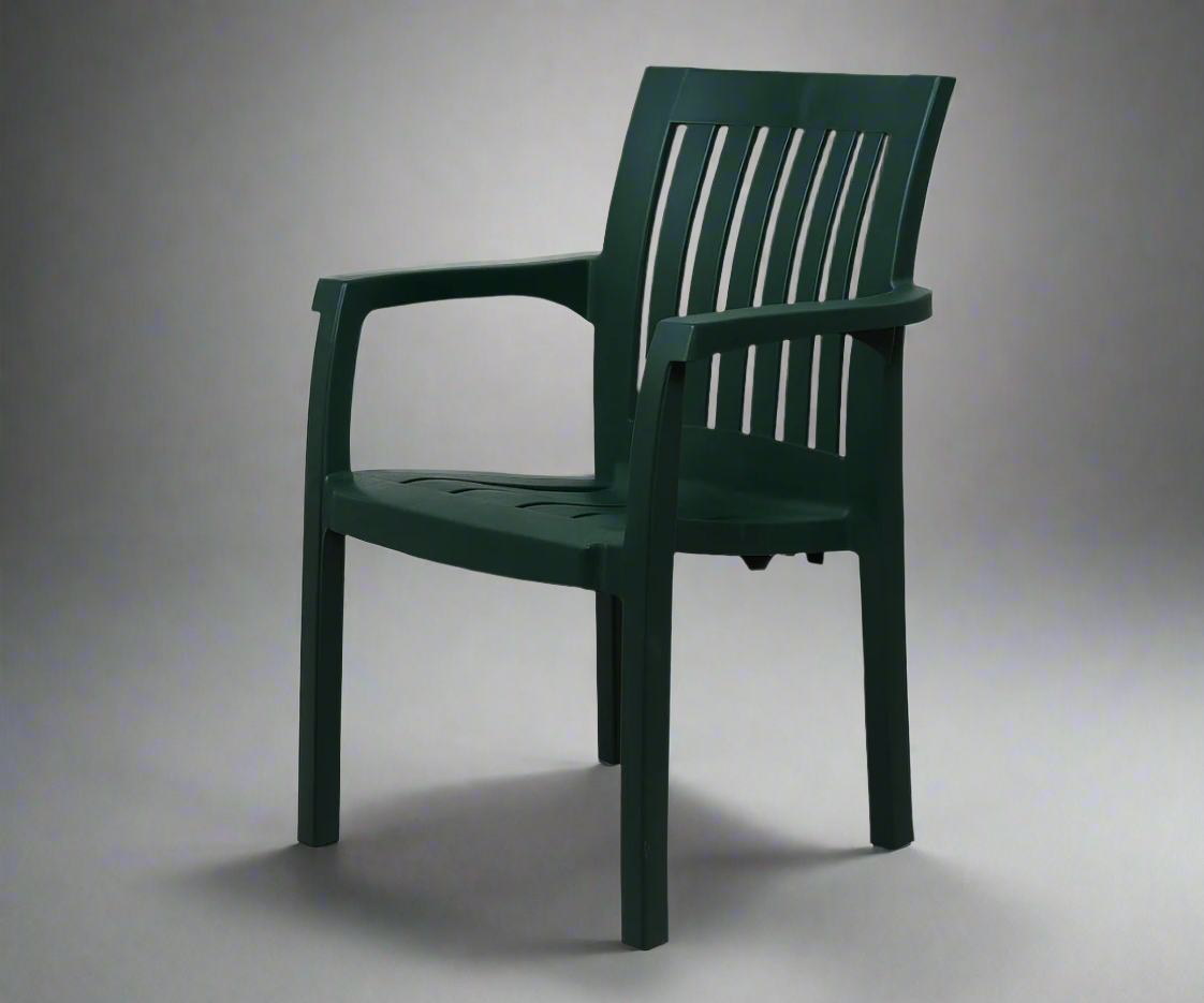 CT013 FESLEGEN woven designer chair in green, front view with slatted arms
