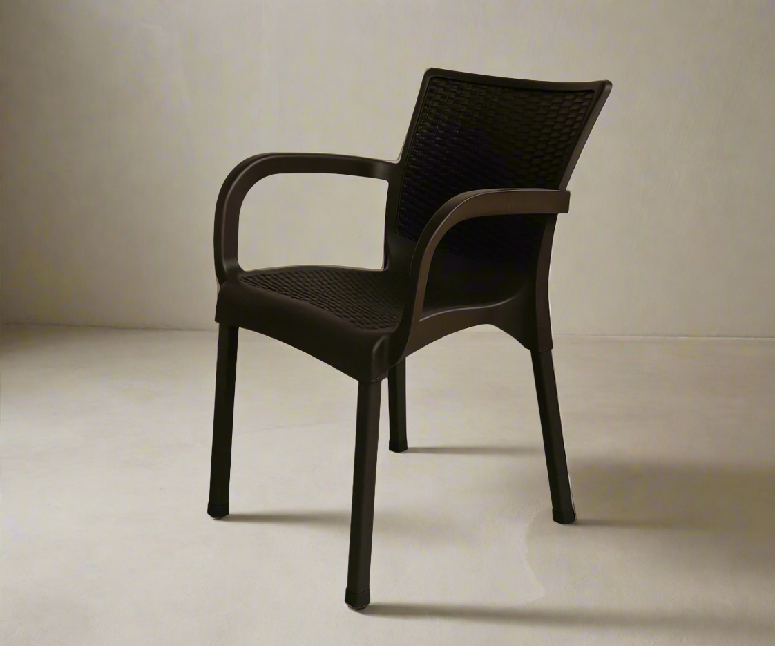 CT014 outdoor armchair in brown, angled view with a rattan-effect back