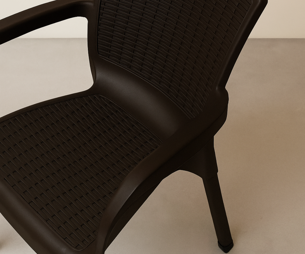 CT014 outdoor armchair in brown, angled view with a rattan-effect back