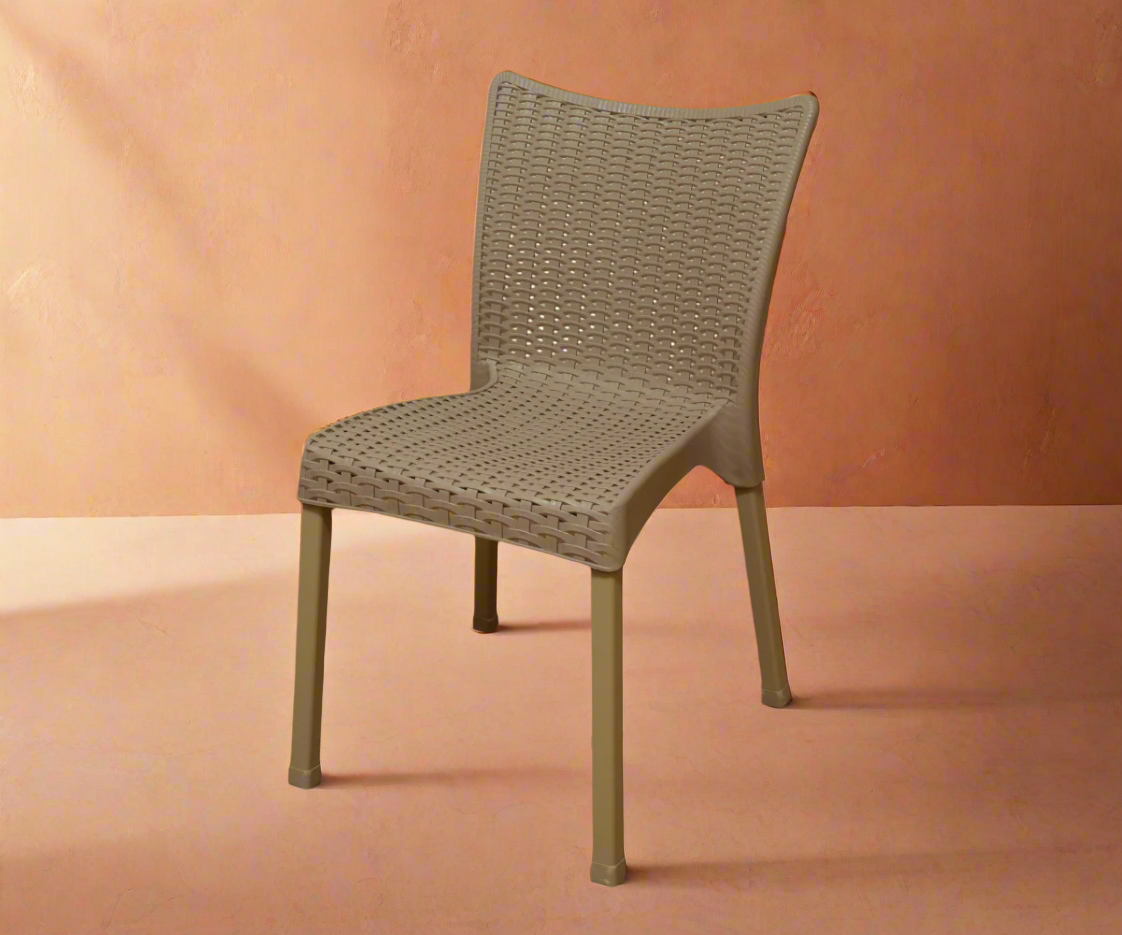 CT021 contemporary woven resin chair, angled view against a terracotta wall