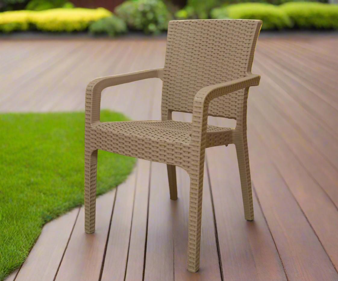 CT022 woven all-weather chair on a garden deck beside a lawn