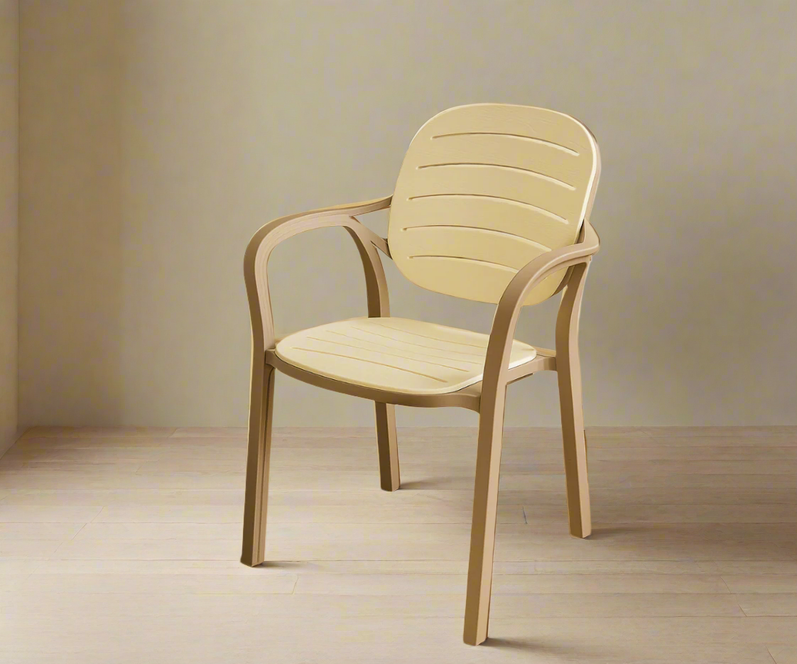 CT023 RUMBA slatted taupe and cream chair, angled view against a warm wall