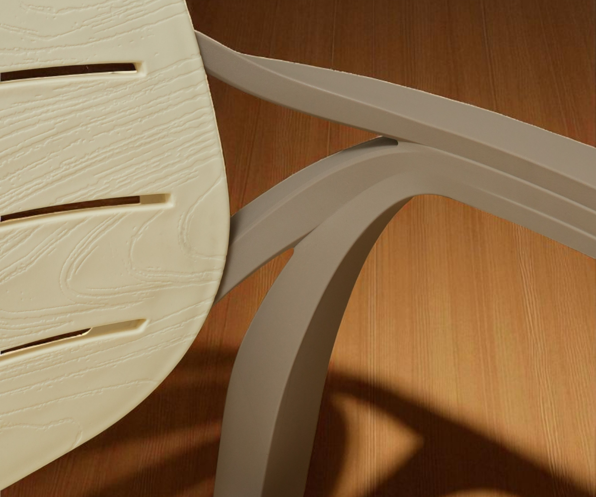 CT023 RUMBA slatted taupe and cream chair, angled view against a warm wall