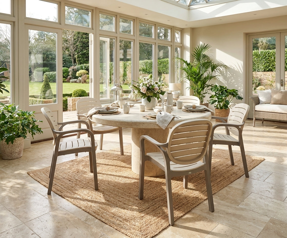CT024 cane back armchairs around a dining table in a bright conservatory