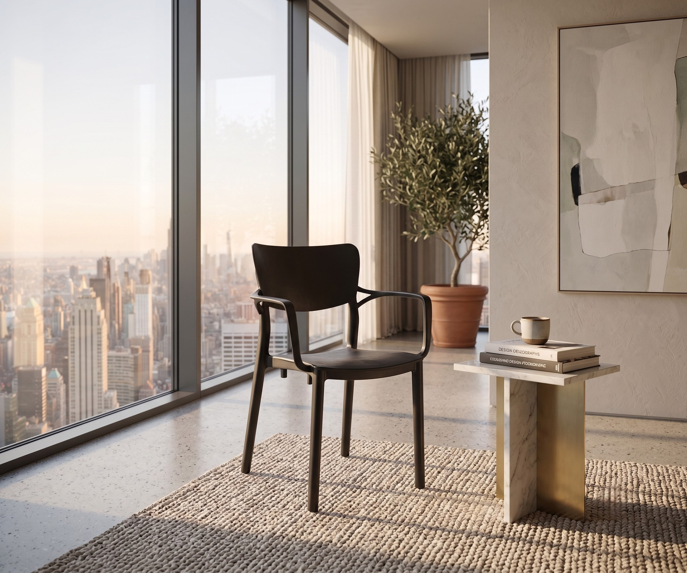 CT029 DAMLA armchair in a city-view room beside a stone side table
