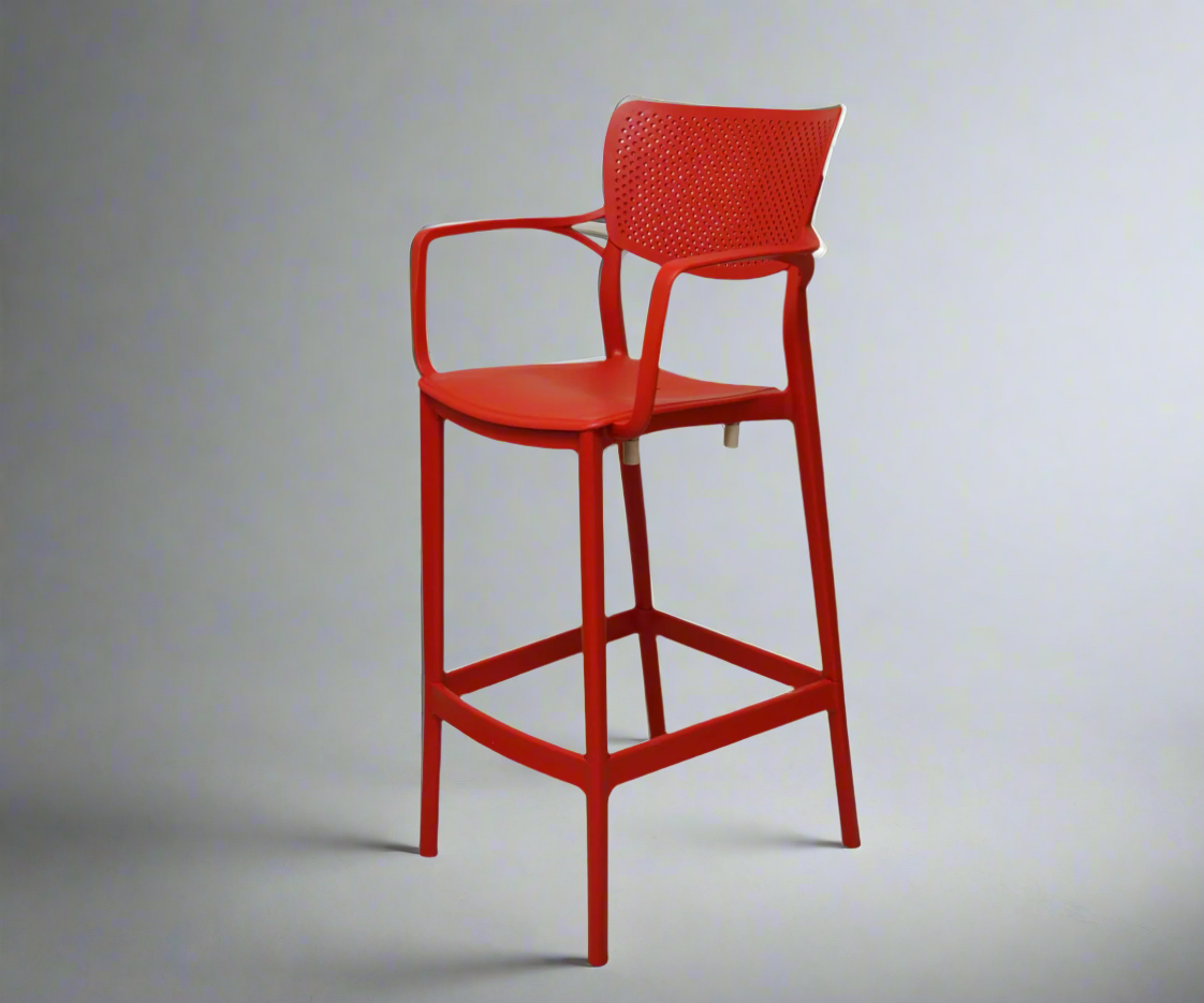 CT032-BC modern perforated bar stool in red, angled view with a footrest