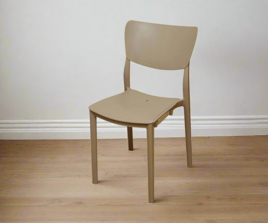 CT034 taupe minimalist side chair, angled view on a light wood floor