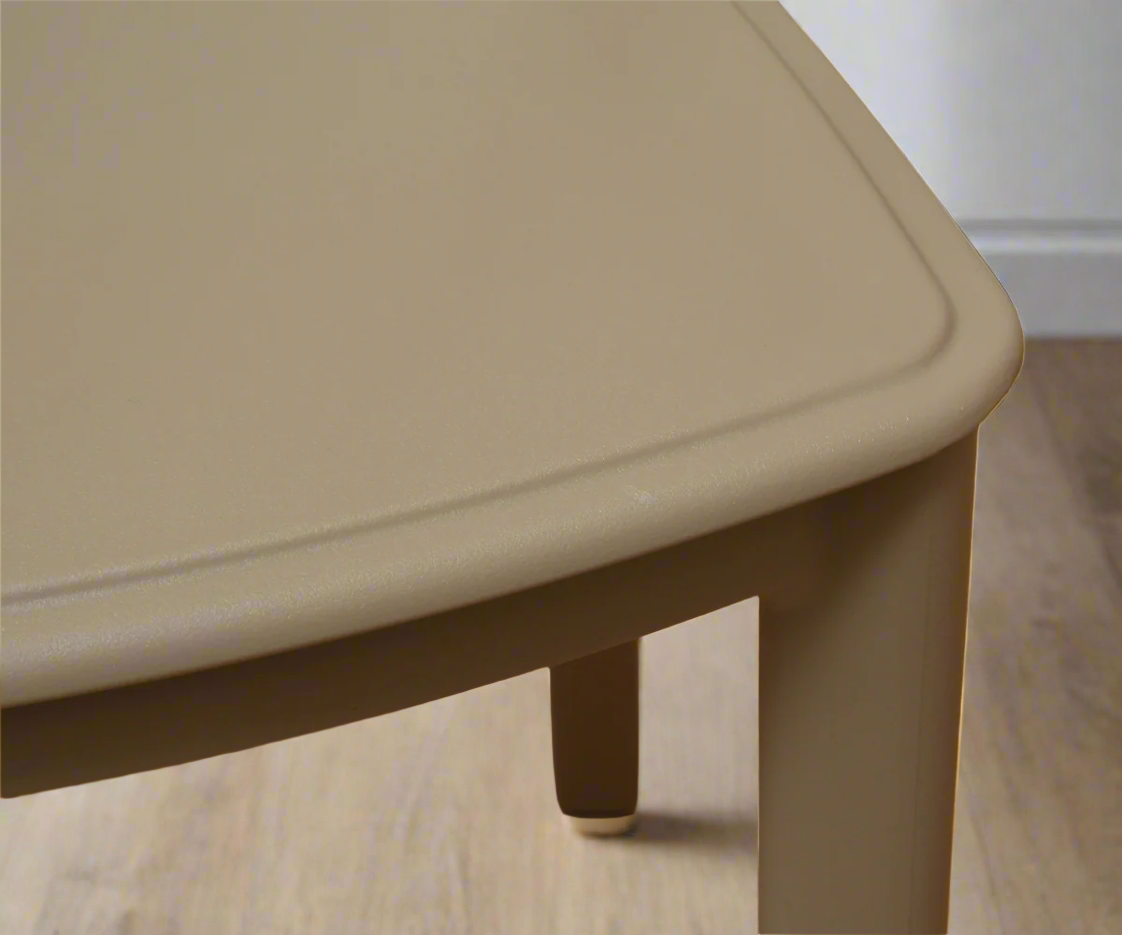 CT034 taupe minimalist side chair, angled view on a light wood floor