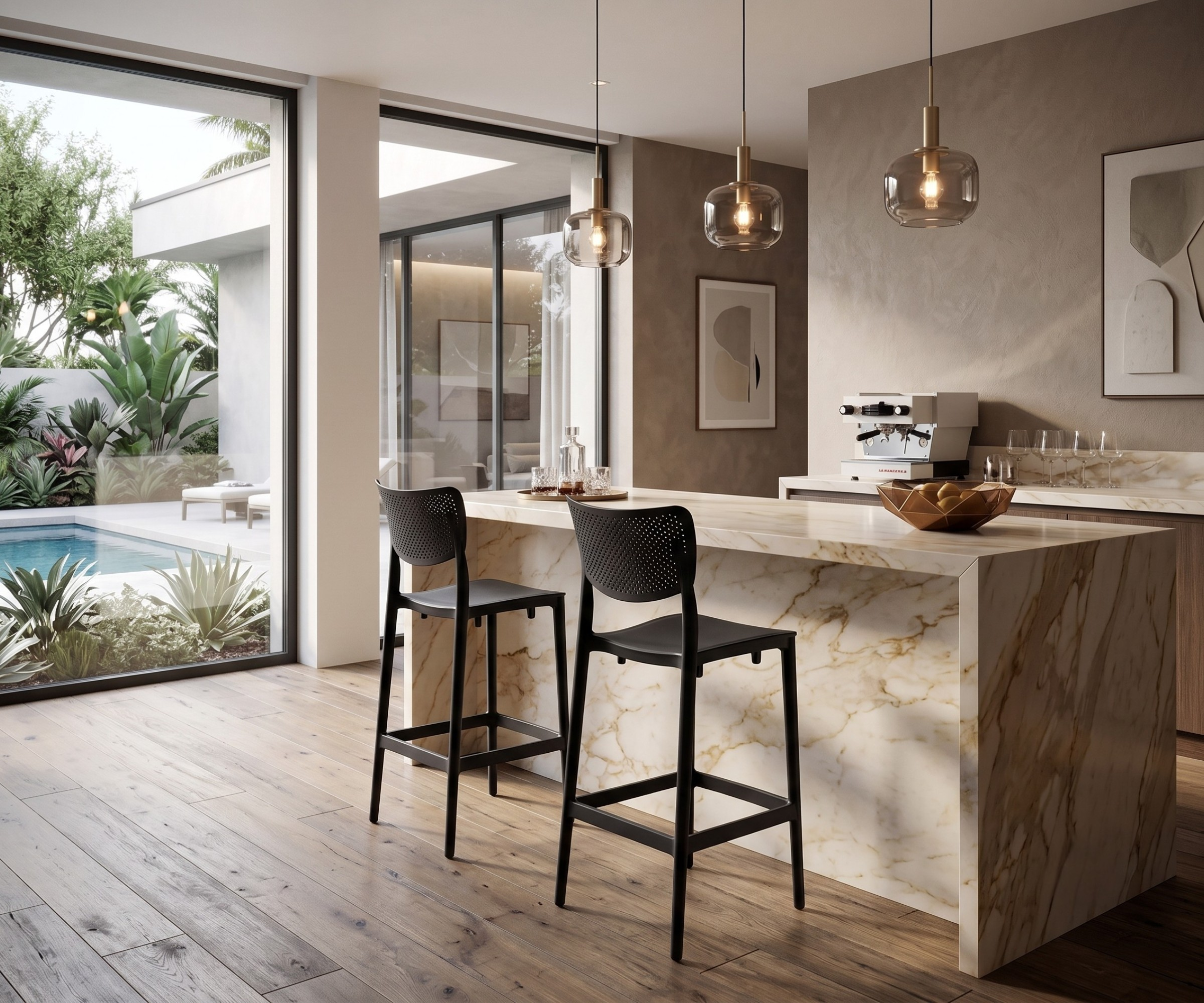 CT035-BC bahar bar chair at a marble island in a poolside kitchen