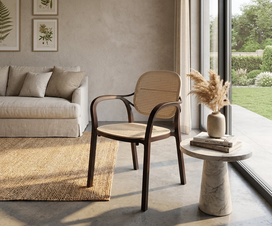 CT037 upholstered wooden armchair beside a marble side table by a garden door