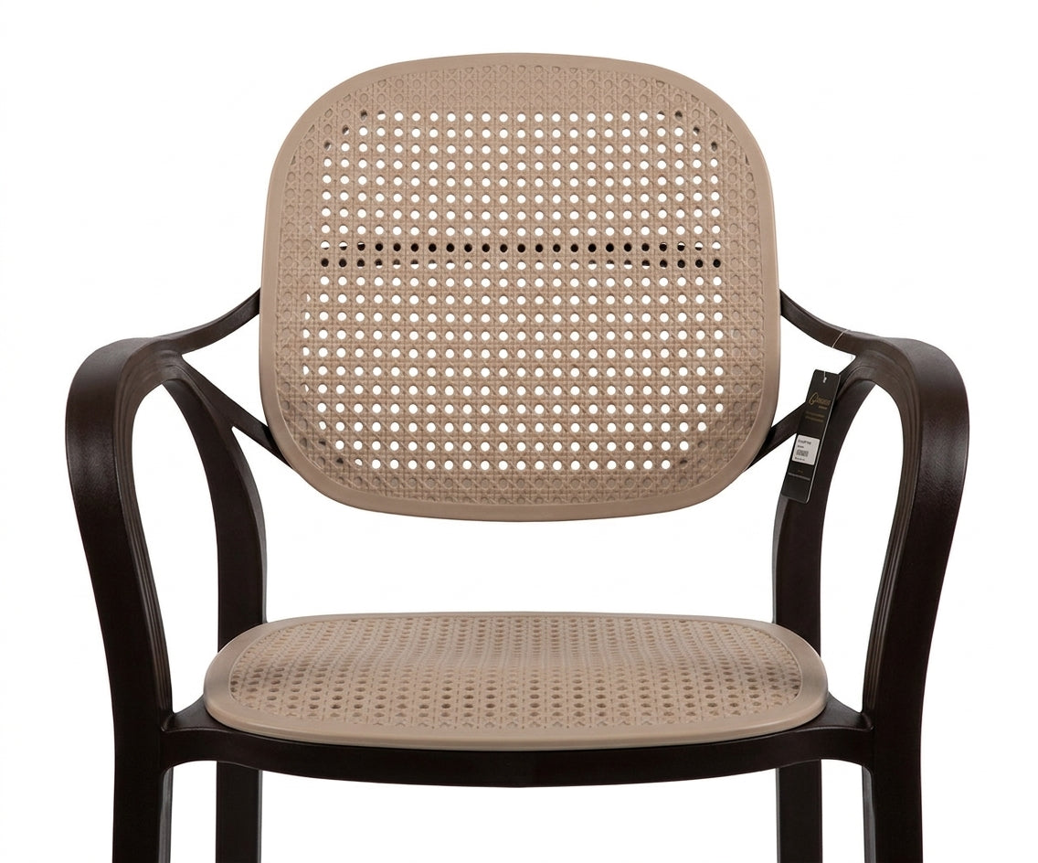 CT037 upholstered wooden armchair beside a marble side table by a garden door