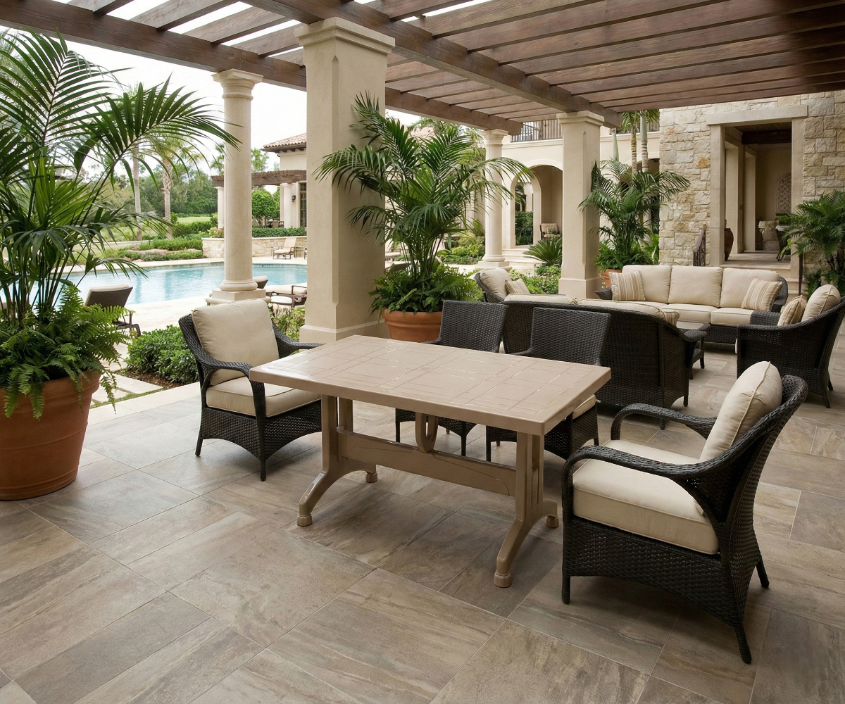 CT061 SELVI table, rectangular table on a poolside terrace with woven armchairs