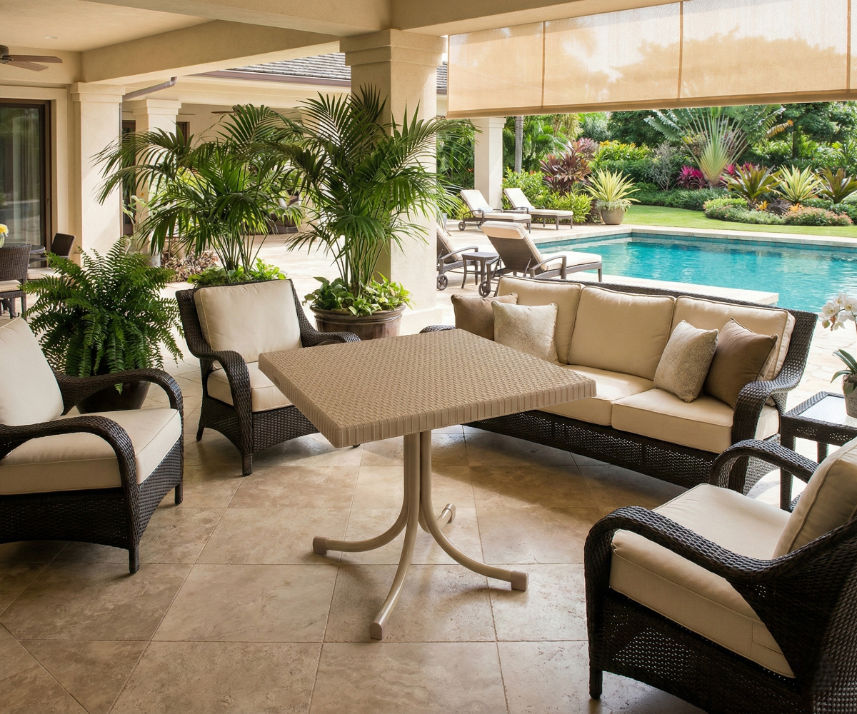 CT063 PALMIYE rattan table cappuccino, on a poolside terrace with wicker seating