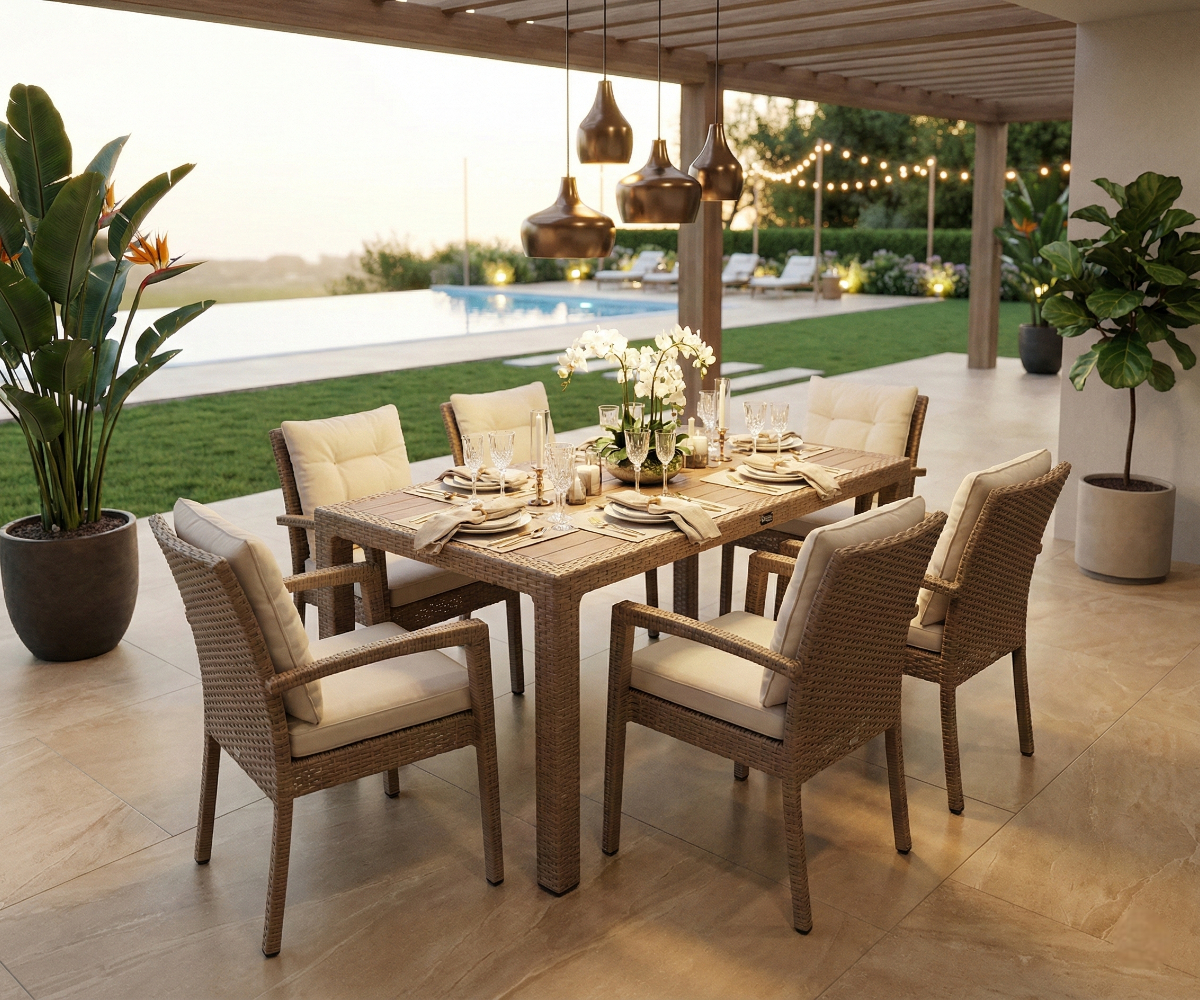 CT065 BEGONYA rattan table cappuccino, dining set on a lit poolside terrace