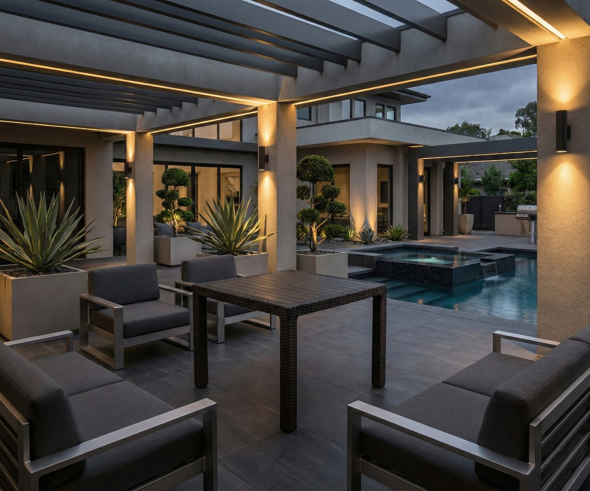 CT066 BEGONVIL rattan table, on a lit poolside terrace with dark loungers