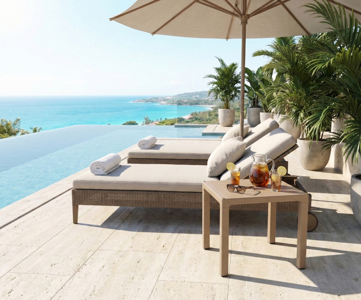 CT068 ZER table cappuccino, beside sun loungers on an infinity-pool terrace