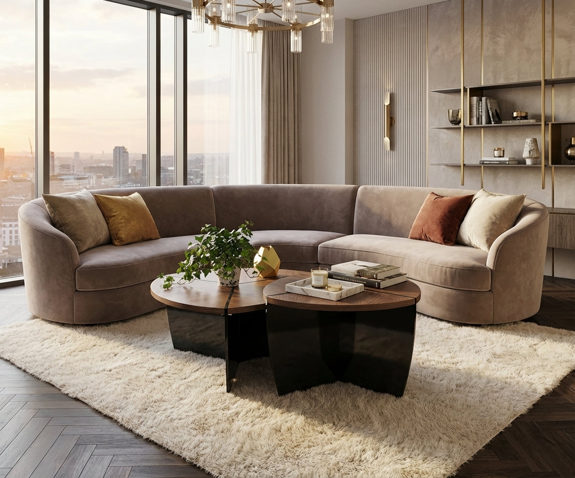 CT933 modular walnut set in a city-view living room at dusk