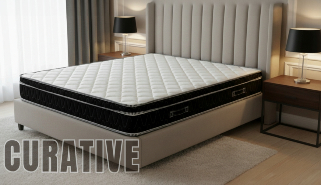 Curative pillow-top mattress with a black border, in a bedroom with a grey headboard
