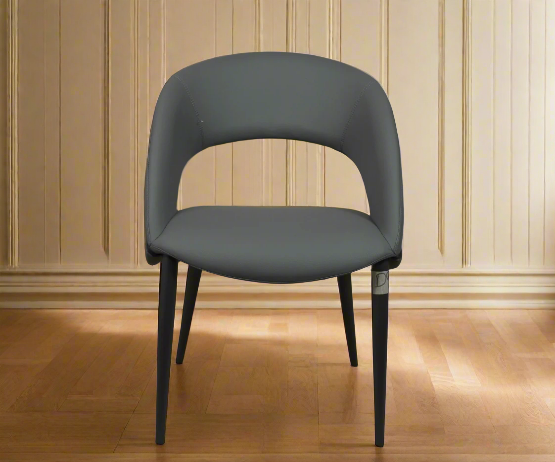 D-85 two-tone designer dining chair, front view with a curved open back