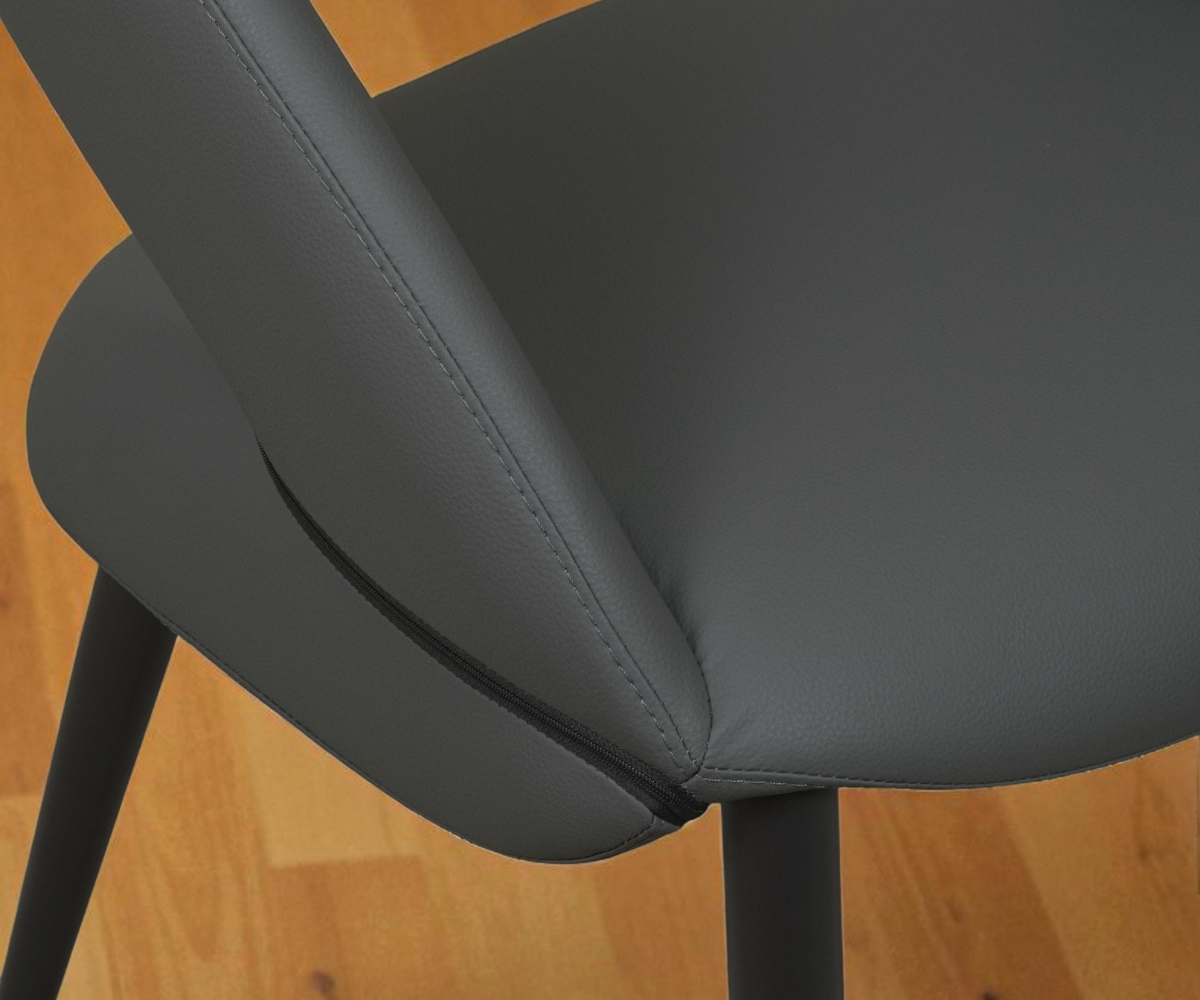D-85 two-tone designer dining chair, front view with a curved open back