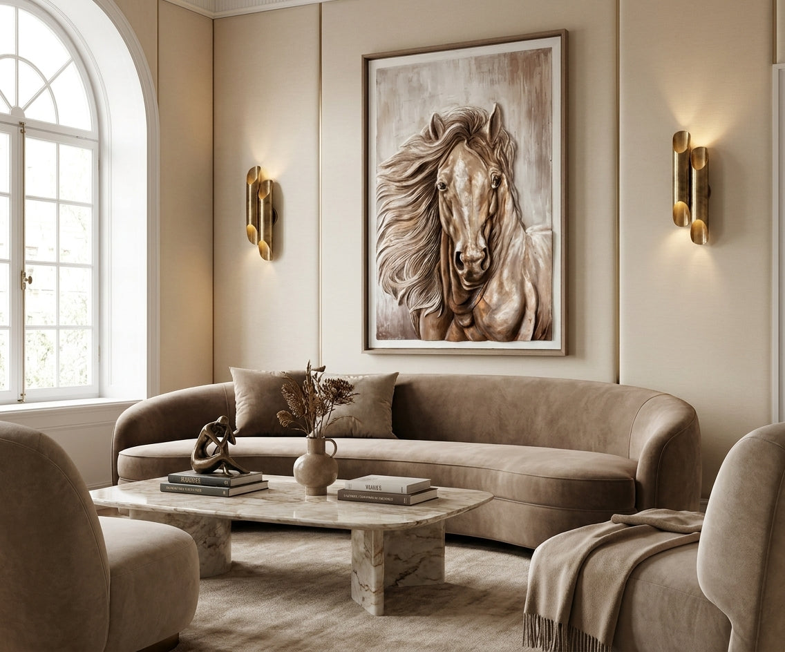 D-FR63 arts frame with a horse painting, hung above a curved sofa