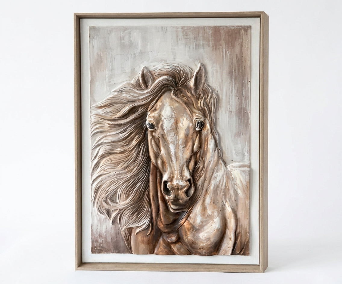 D-FR63 arts frame with a horse painting, hung above a curved sofa
