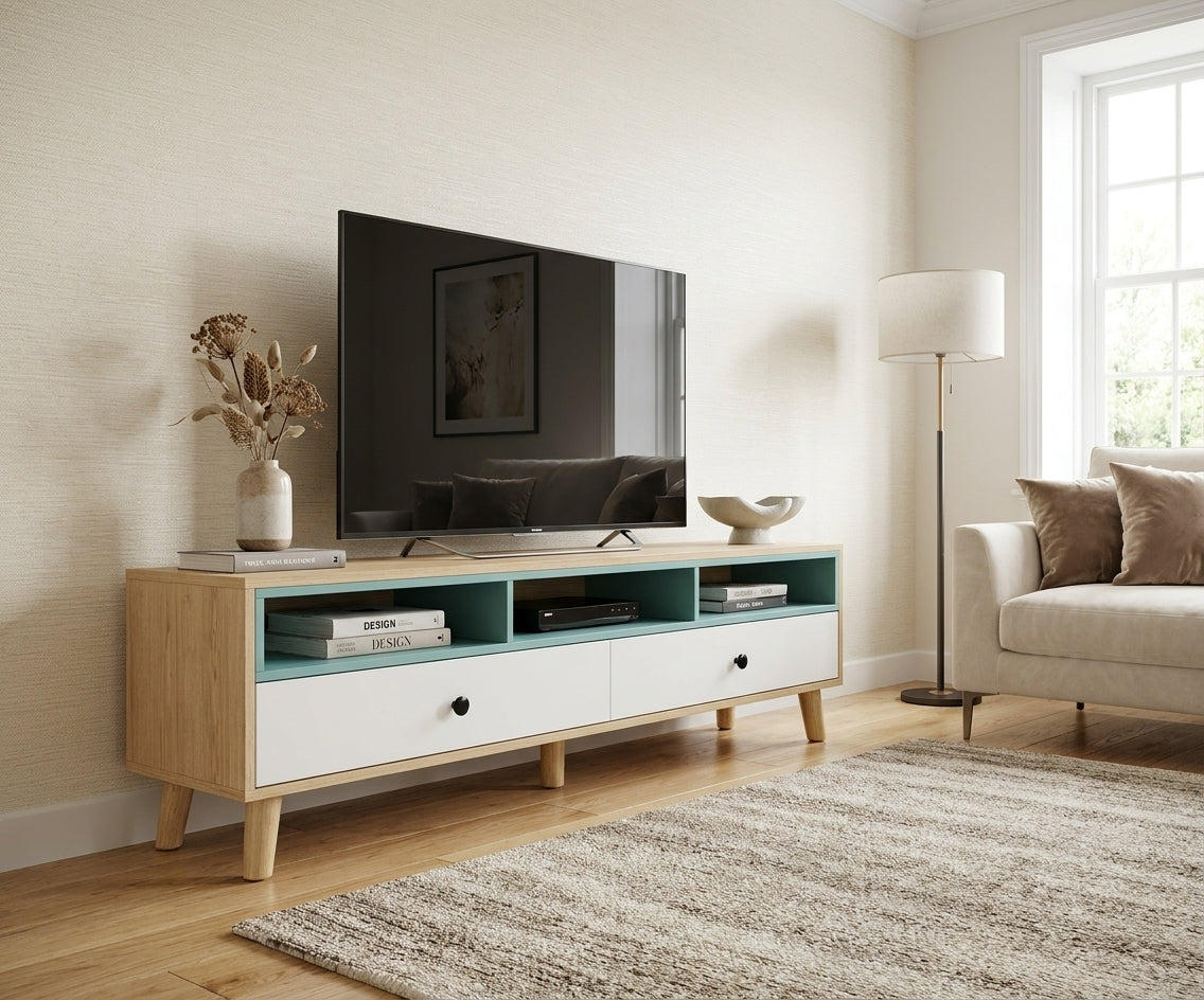 D140 modern oak console beneath a wall-mounted TV in a bright living room