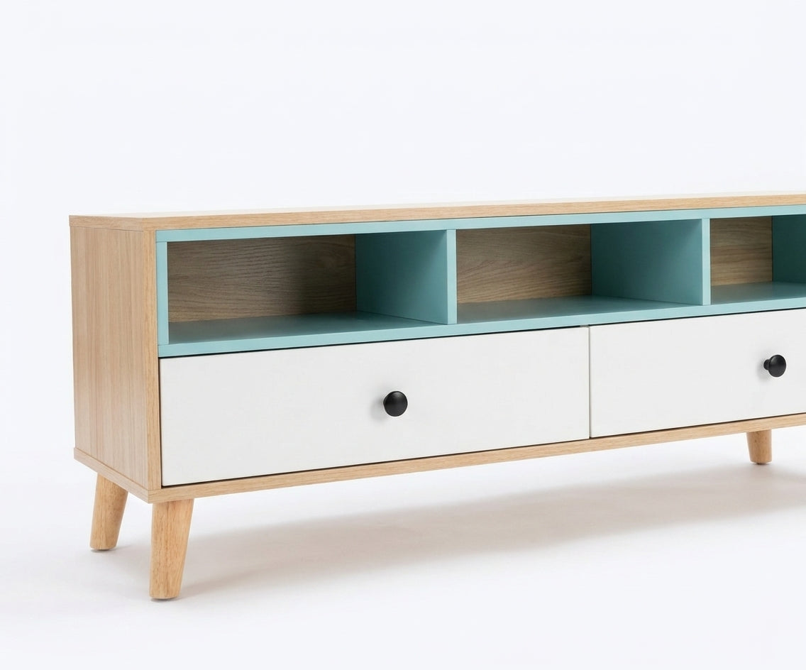 D140 modern oak console beneath a wall-mounted TV in a bright living room