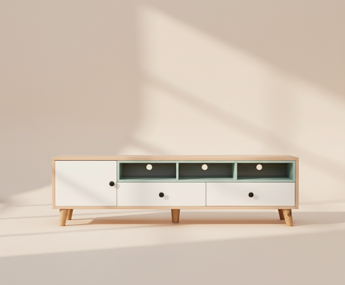 D160 sage TV console, angled view with sage shelving and white drawers