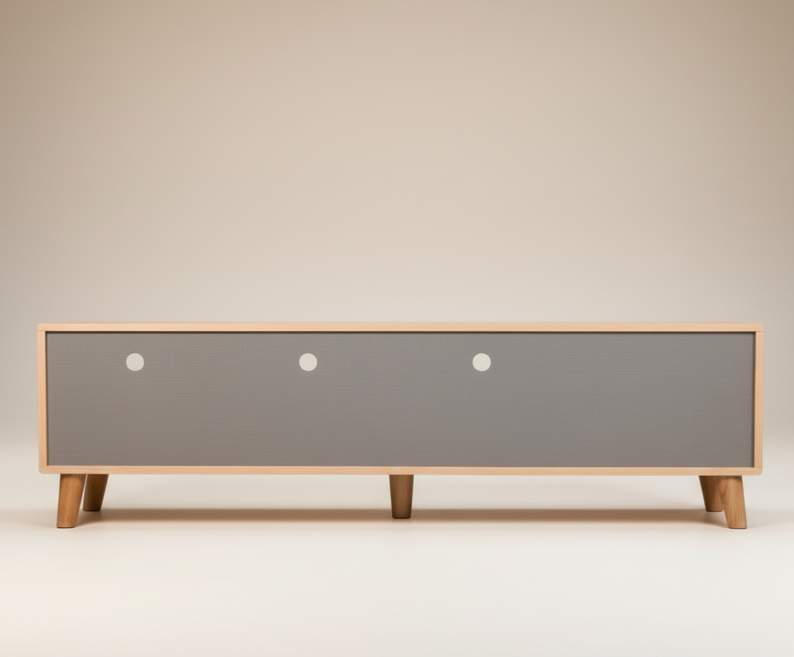 D160 sage TV console, angled view with sage shelving and white drawers