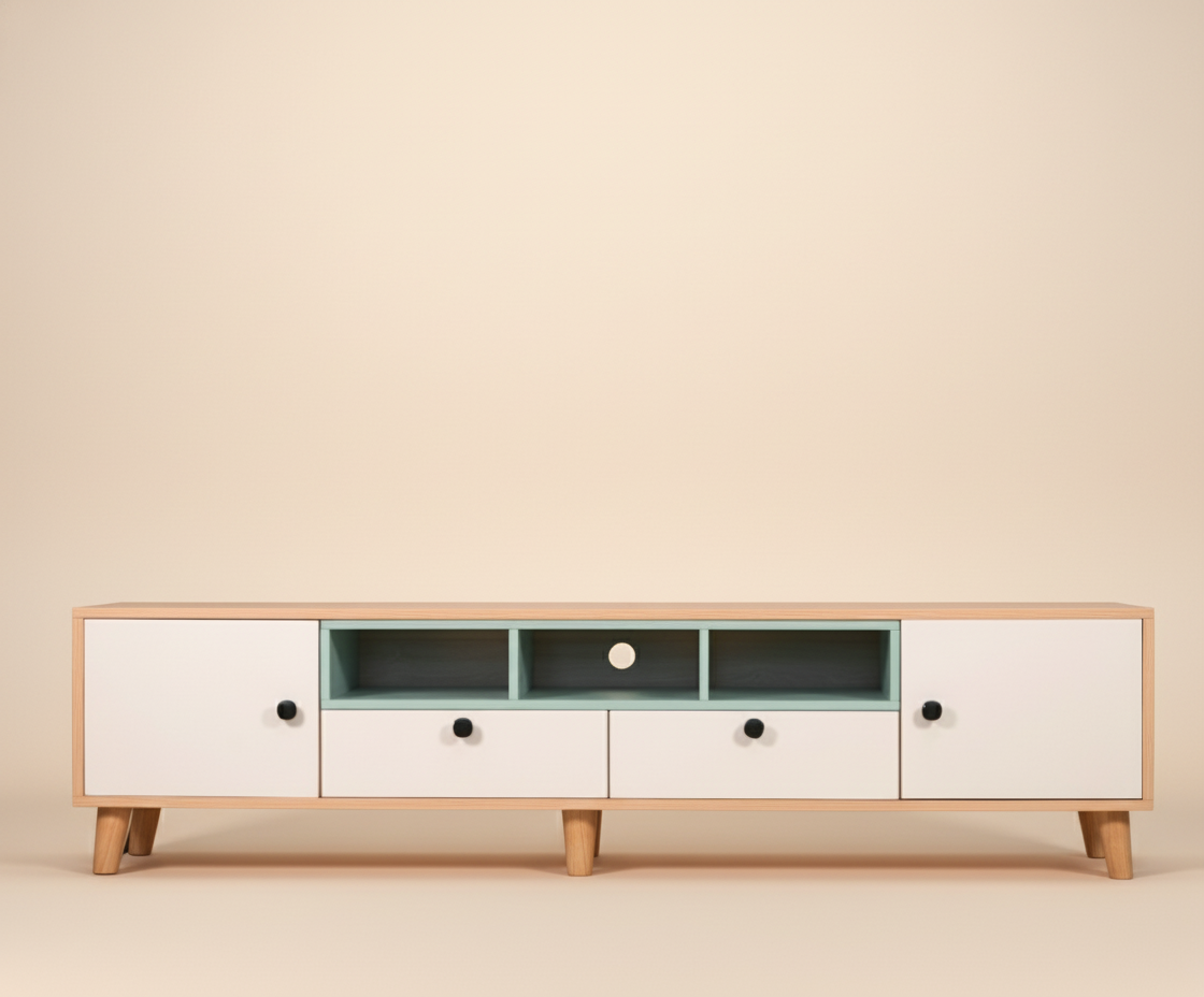 D180 oak white console, front view with mint shelving and white drawers