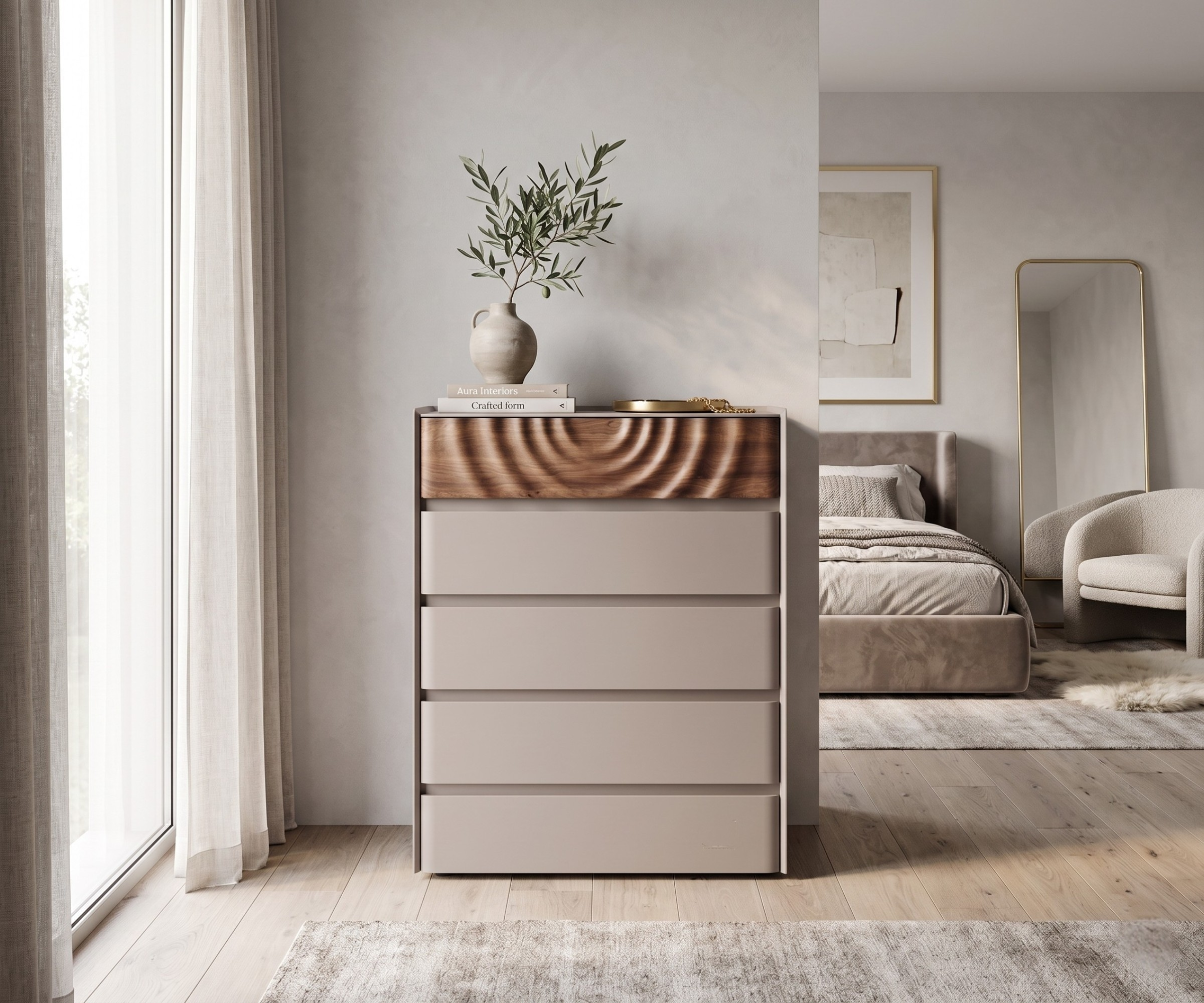 D5 modern wood dresser in a soft neutral bedroom beside a floor mirror