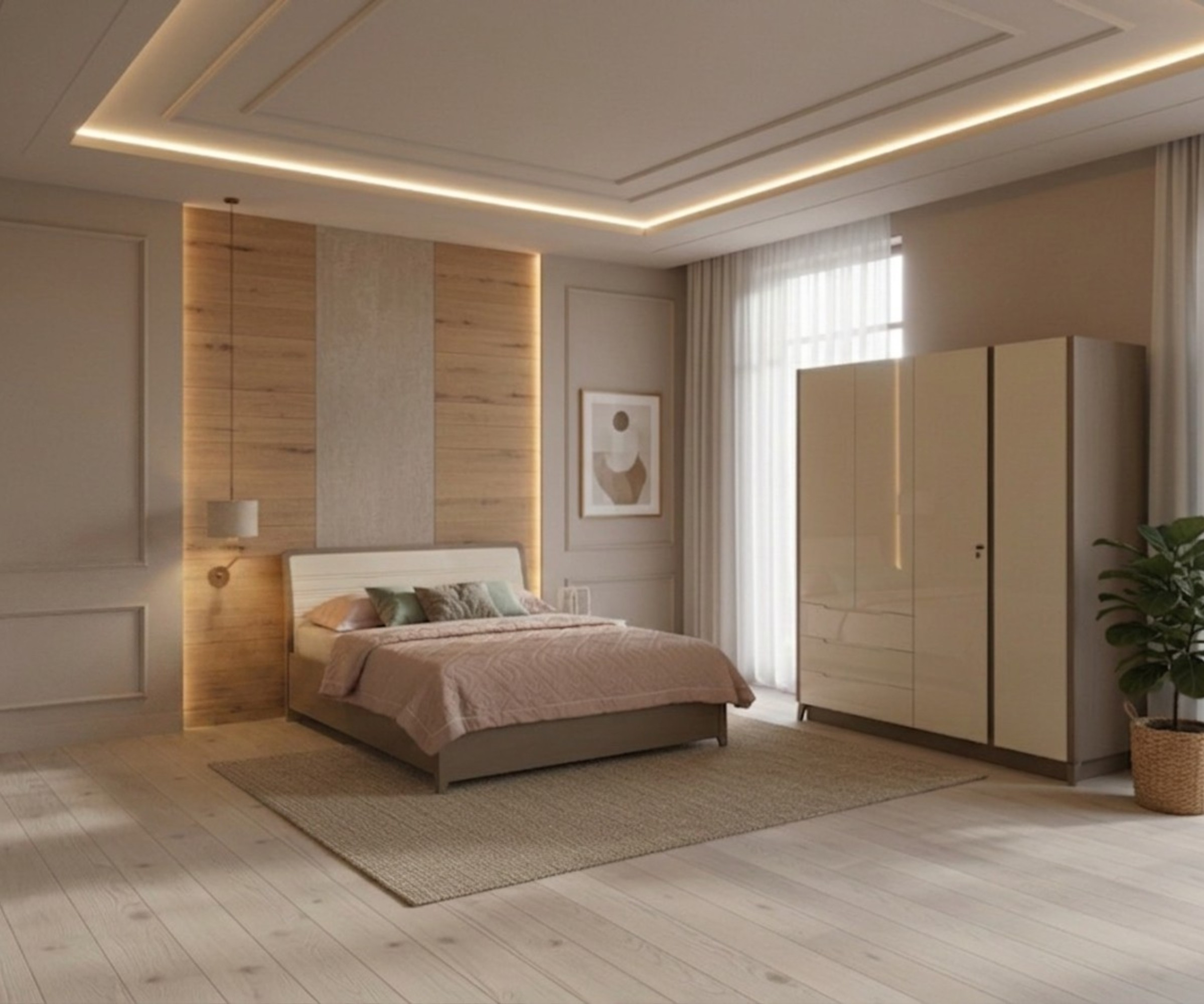 D607-D602 high-gloss cream bedroom set staged in a warm wood-panelled room