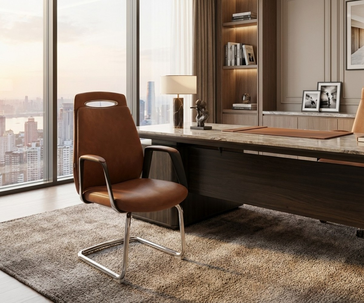 D828-1 brown visitor chair at a walnut desk with a city view