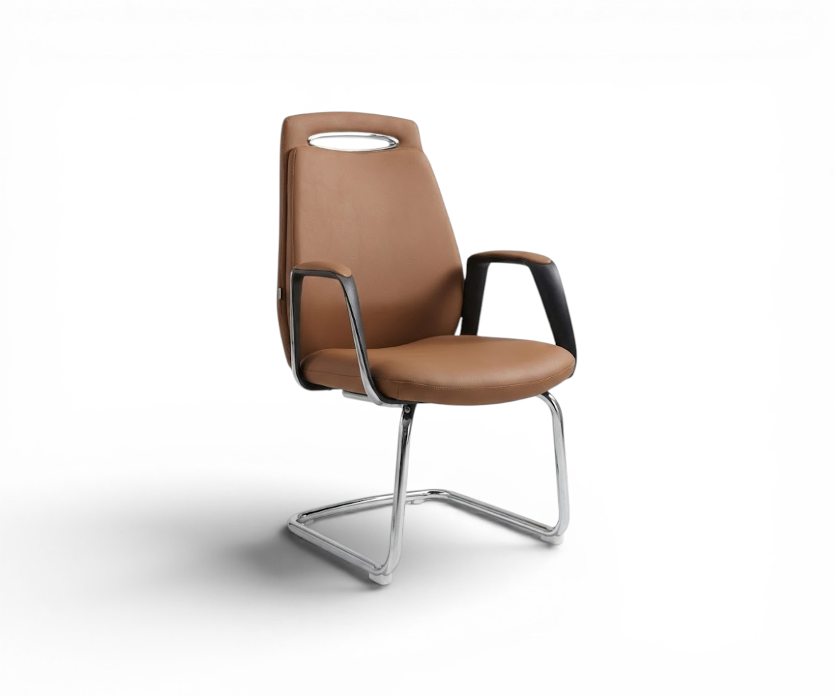 D828-1 brown visitor chair at a walnut desk with a city view