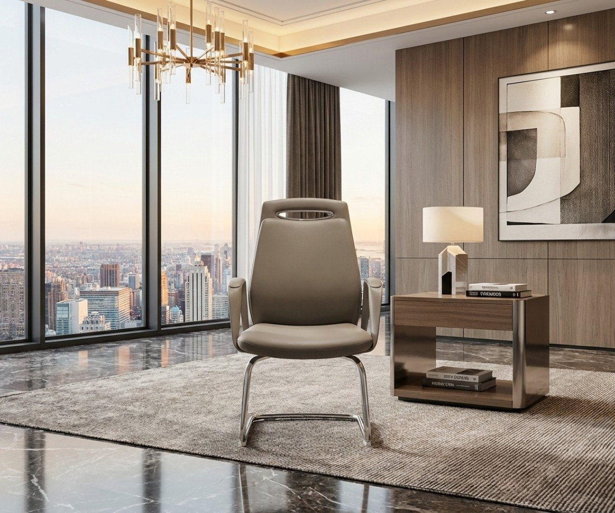 D828-1 grey visitor chair in a warmly lit executive office