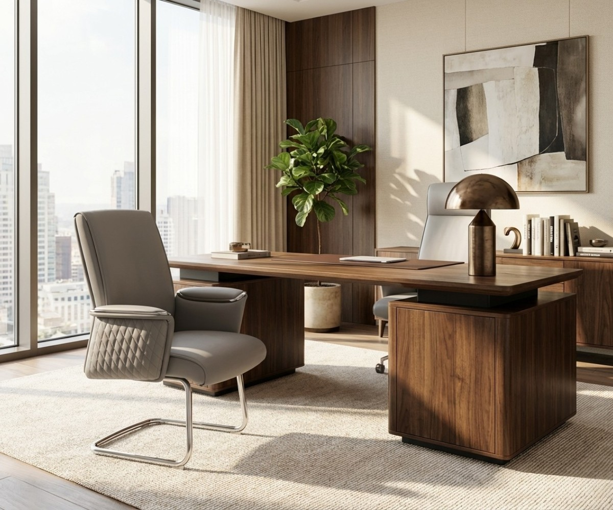 D859 grey visitor chair at a walnut desk in a modern office