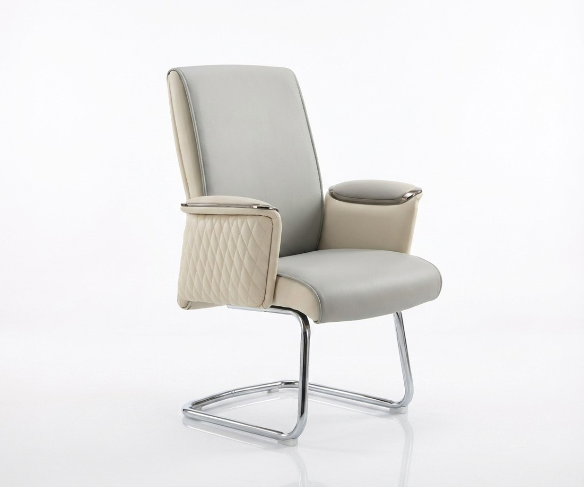 D859 grey visitor chair at a walnut desk in a modern office