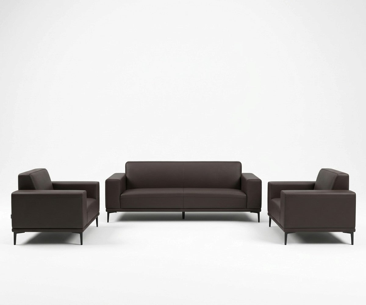 Dark brown three-piece sofa set with two matching armchairs in a luxurious, well-lit modern living room