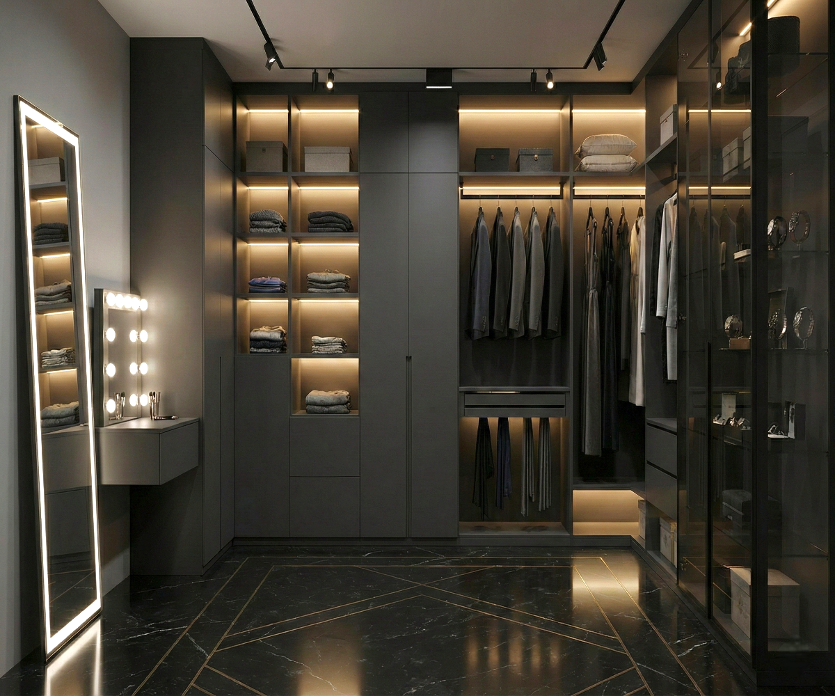 Dark moody elegance walk-in closet with lit shelving and a full-length mirror