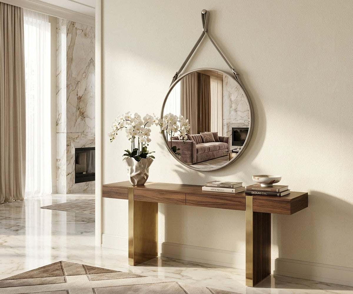 DF-1 irregular wall mirror above a walnut console in a marble hallway