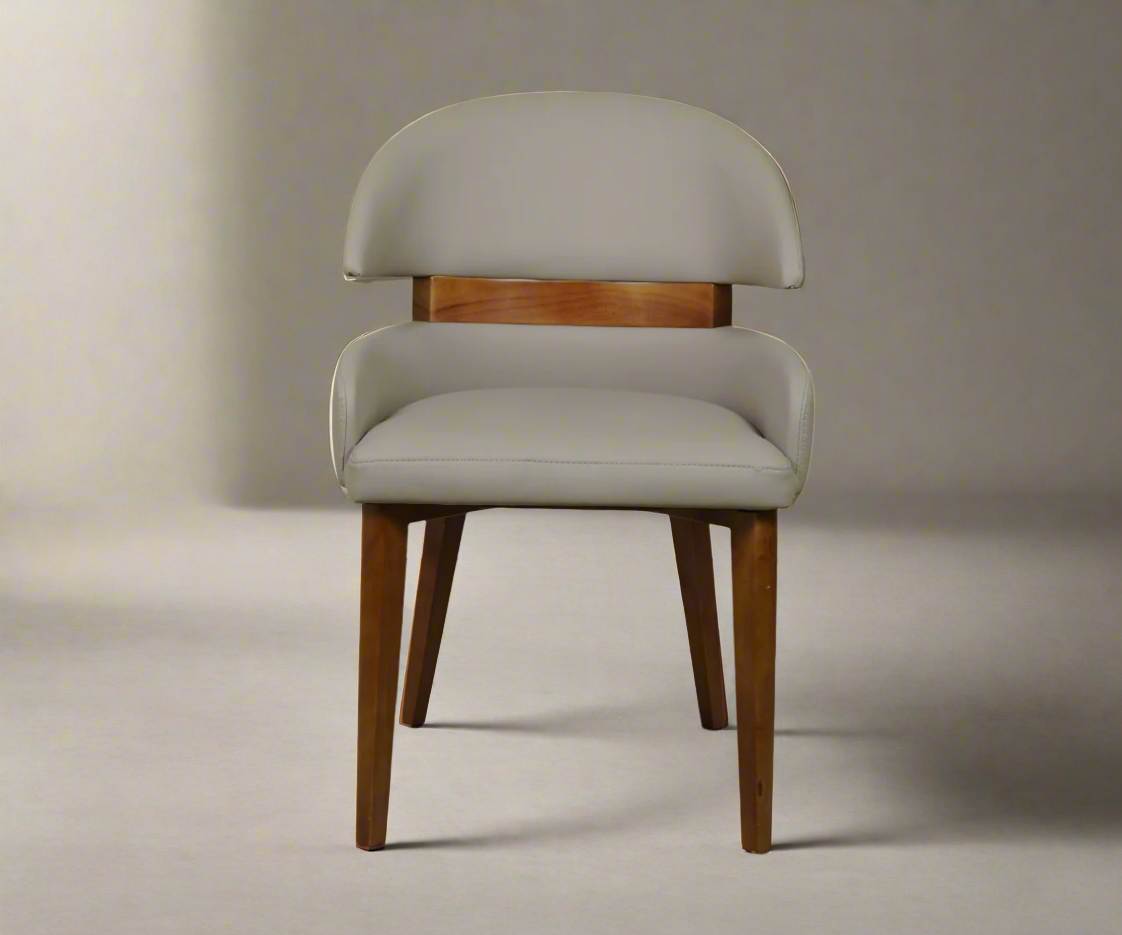 Dining chair 2000, front view in cream with a walnut back detail