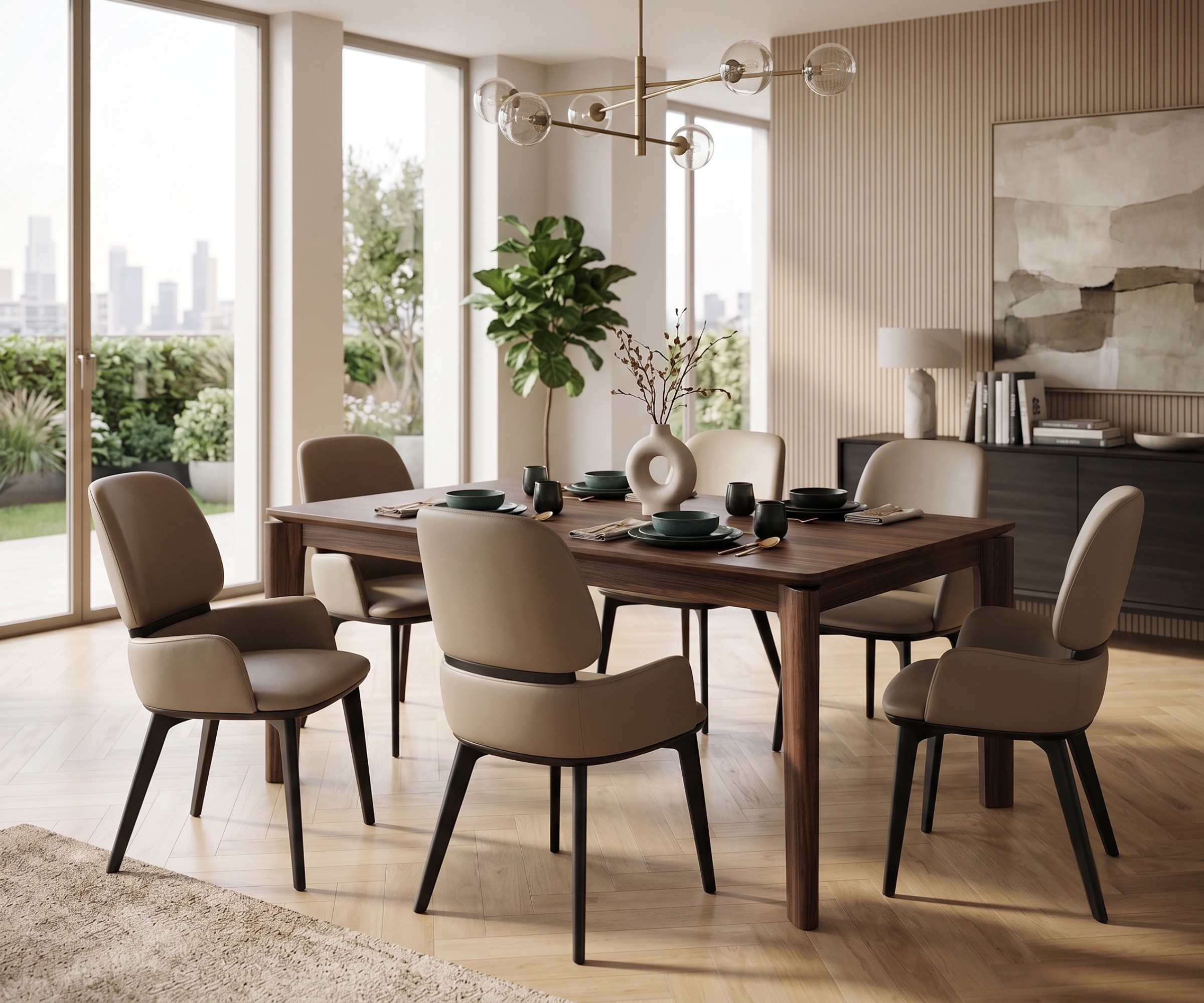 Dining chair 313 black leg, around a table in a city-view dining room