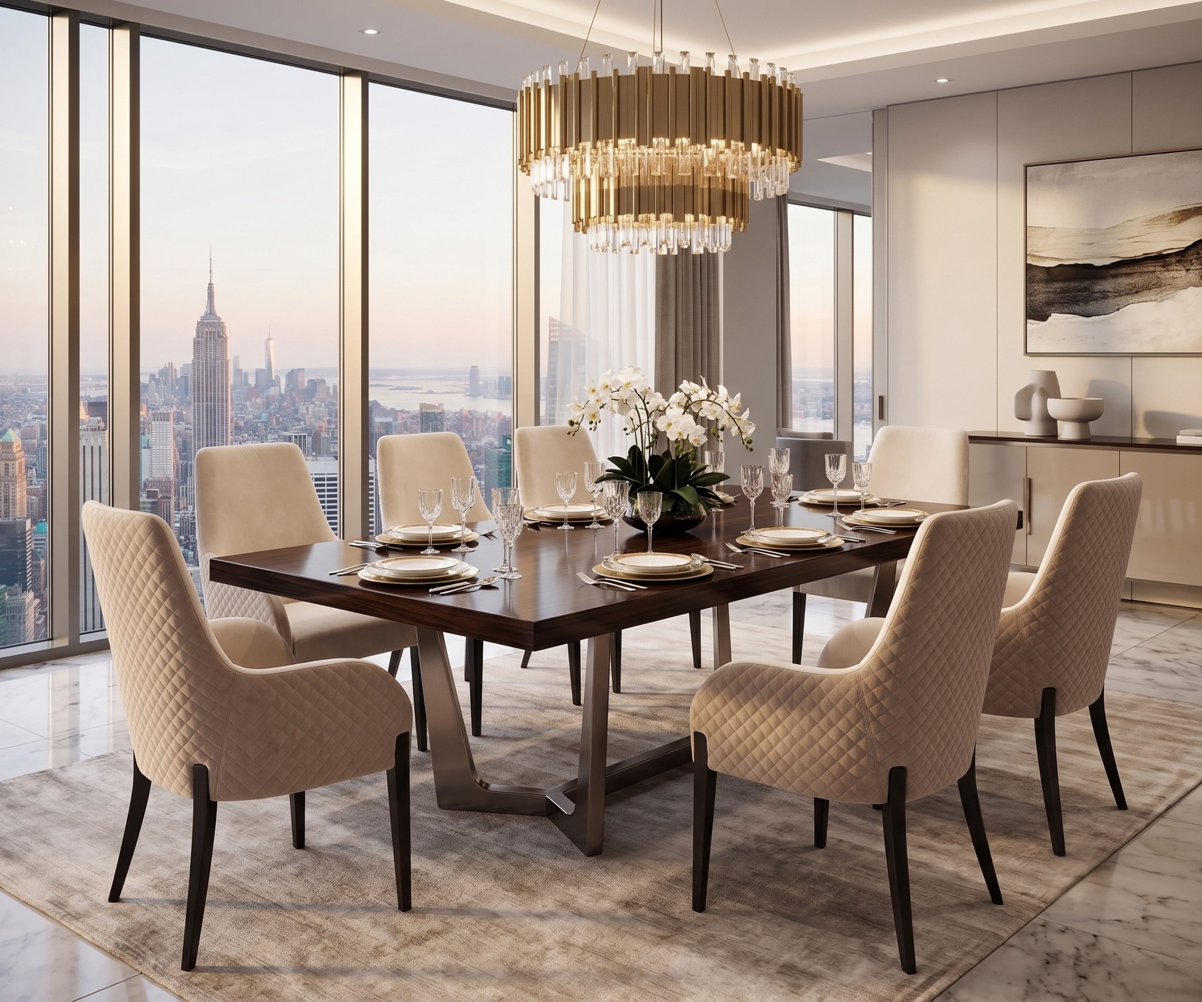 Dining chair 901, around a walnut table in a city-view dining room at dusk