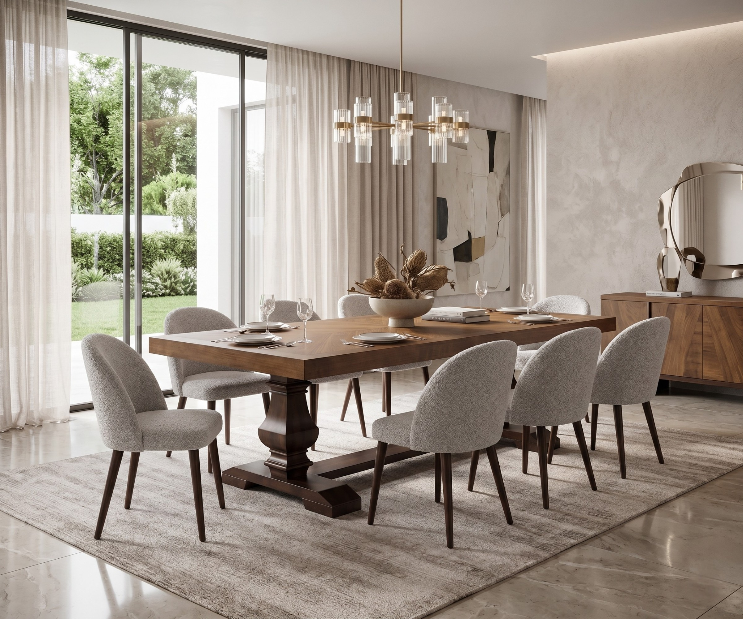 Dining set 2400x1100 SHS 10063 in a bright room with a glass pendant light