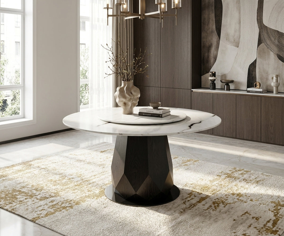 DINING TABLE 116/H02 in a bright dining room with a brass chandelier