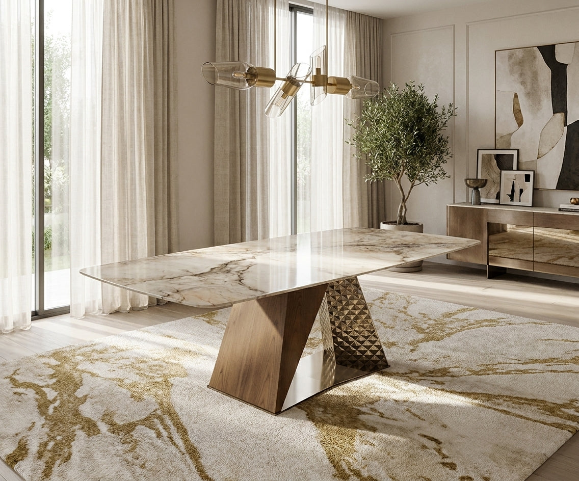 DINING TABLE 1850/2163 in a bright dining room with a gold-veined rug