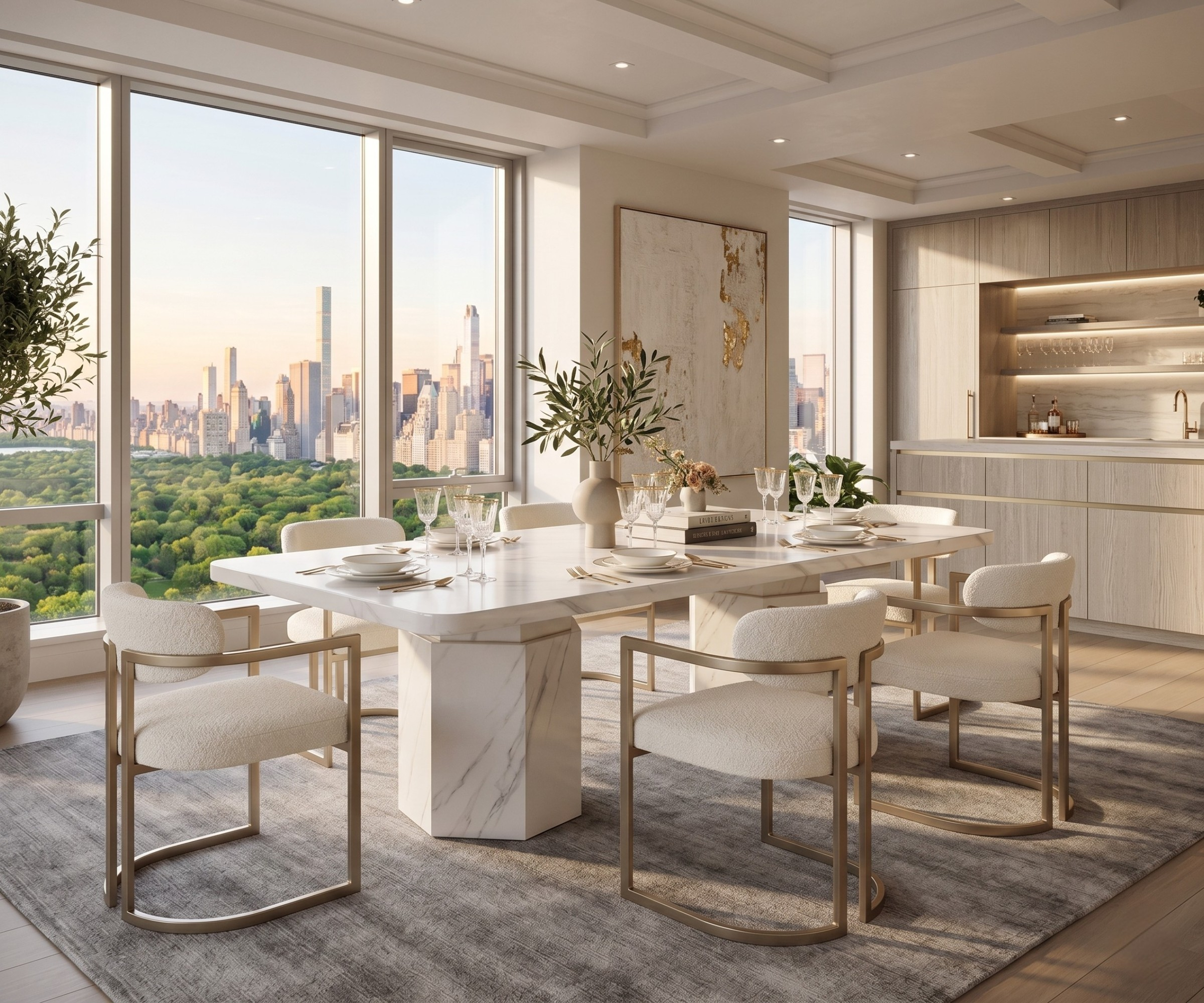 DINING TABLE 300x120 42079-3 in a city-view dining room with brass chairs