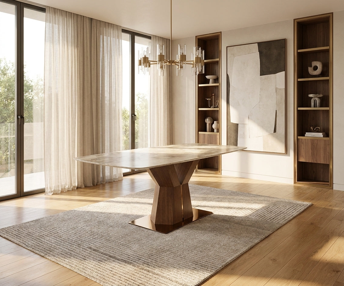 DINING TABLE 680/H03 in a bright dining room with open shelving