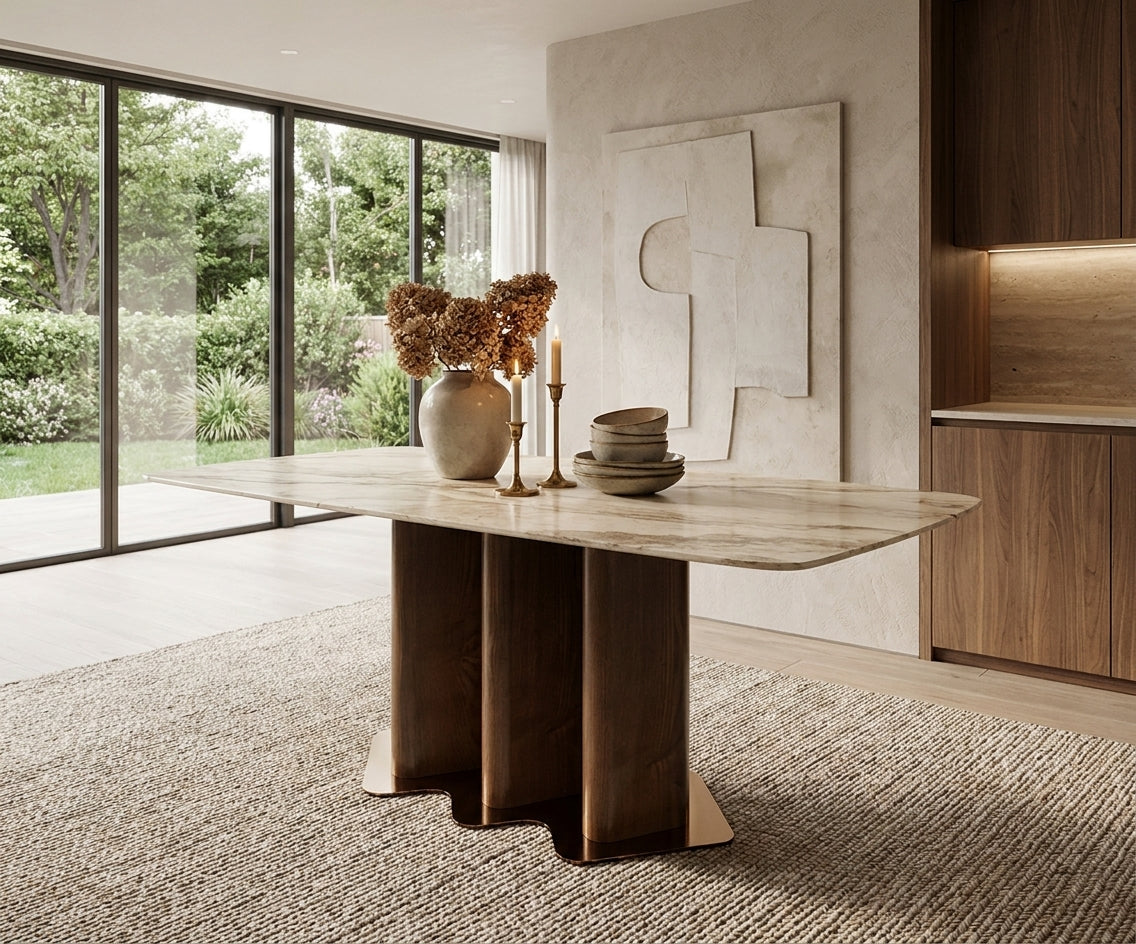 DINING TABLE 692/F03 in a bright dining room with a garden view